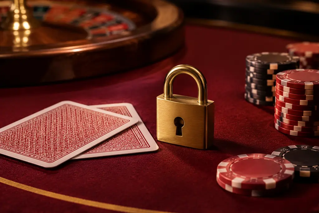 Gembok logam dan chip pada meja kartu kasino