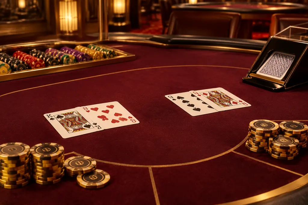 Kartu dan chip pada meja baccarat kasino
