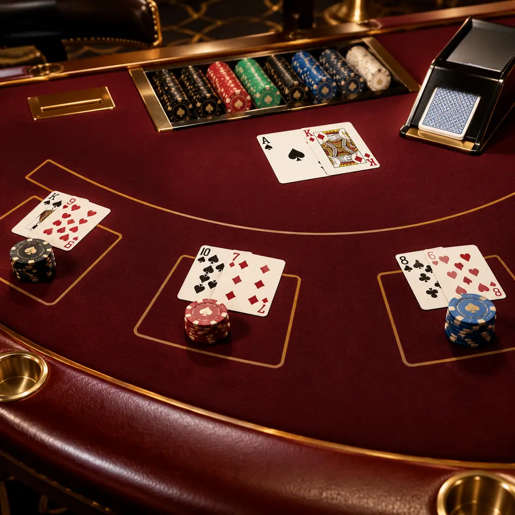 Meja blackjack dengan kartu dan tempat chip kasino