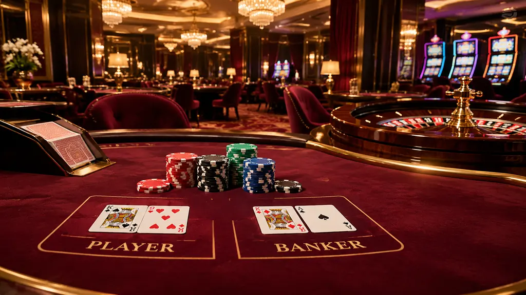 Meja kartu dan roda roulette dalam suasana kasino merah anggur dan emas