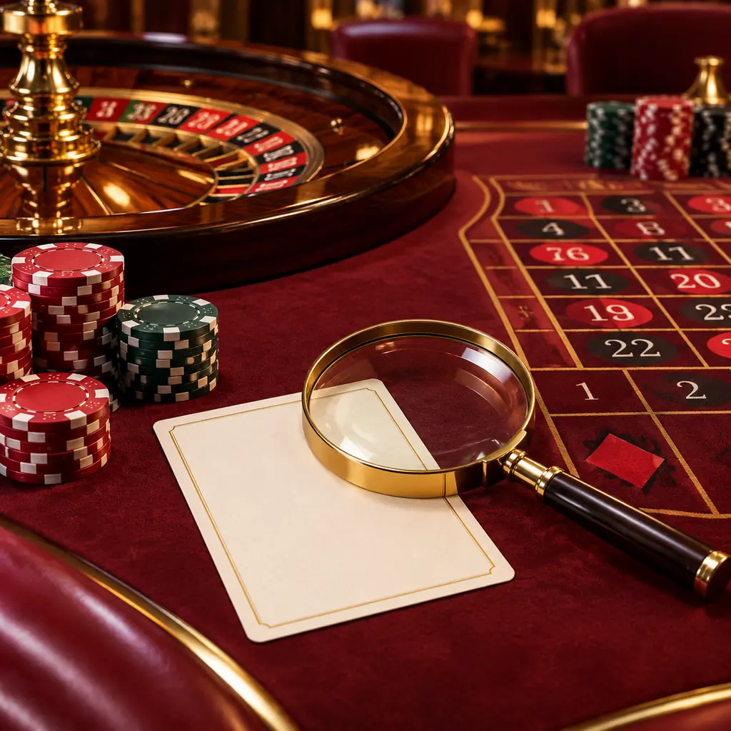 Kaca pembesar dan kartu aturan kosong di meja roulette kasino