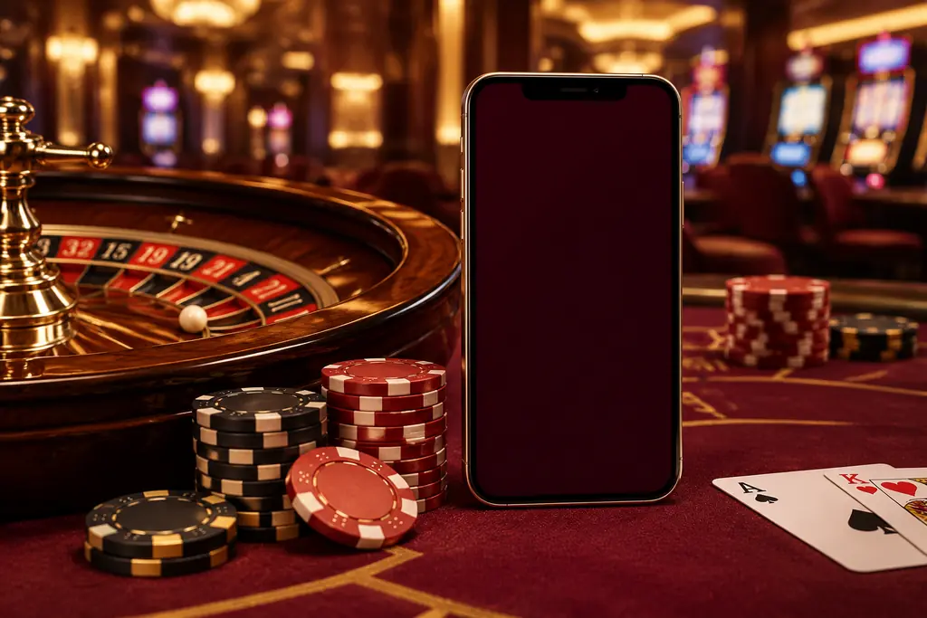 Ponsel tanpa data akun di samping chip dan roda roulette
