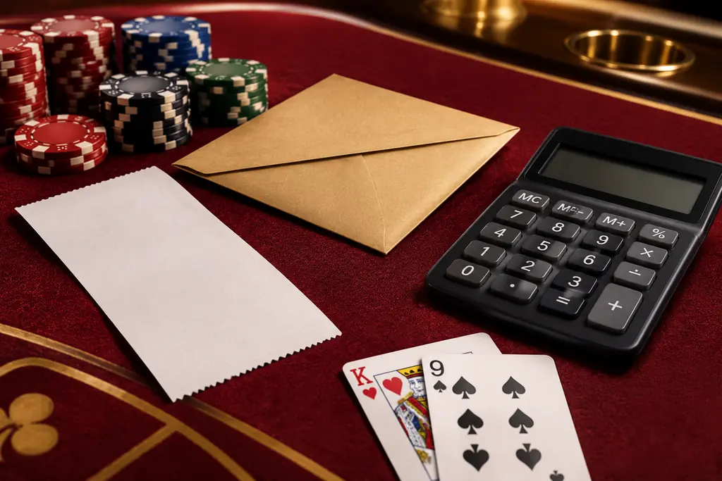 Amplop bukti transaksi kosong di samping chip kasino