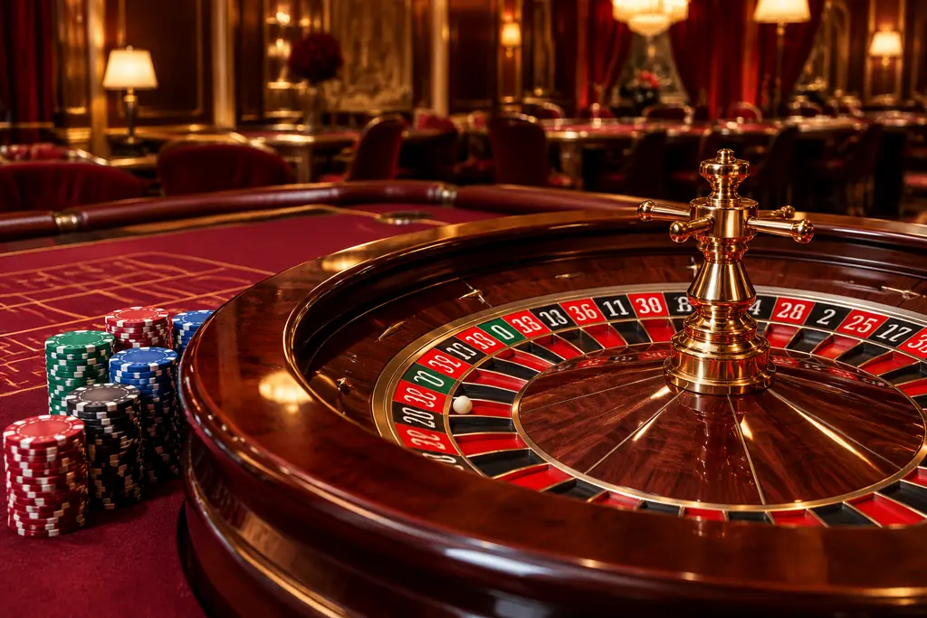Roda roulette dan bola di dekat meja taruhan kasino