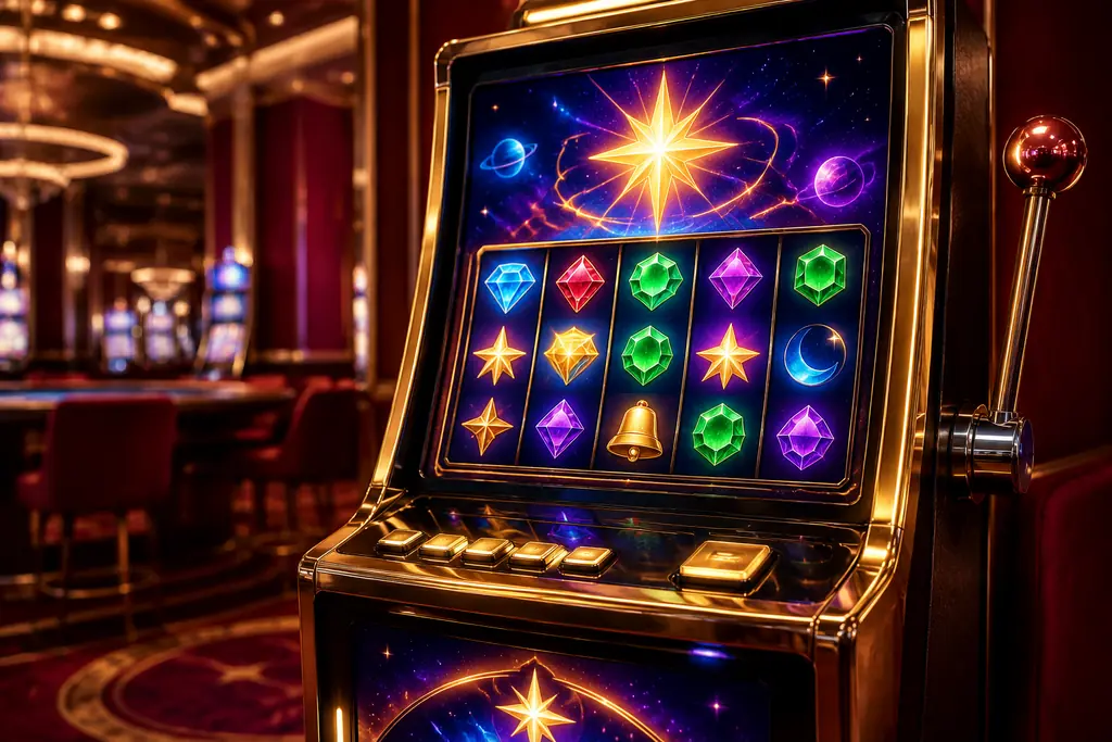 Permata dan bentuk bintang pada layar mesin slot kasino